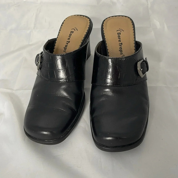 BARETRAPS Vivid Black Leather Chunky Heeled Mules Croc Effect Square Toe Size 6 - Picture 5 of 12